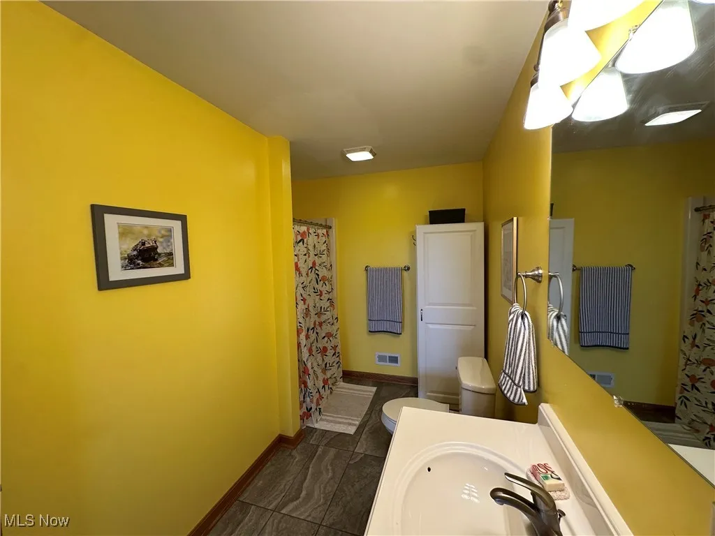 Full bath featuring vanity and curtained shower