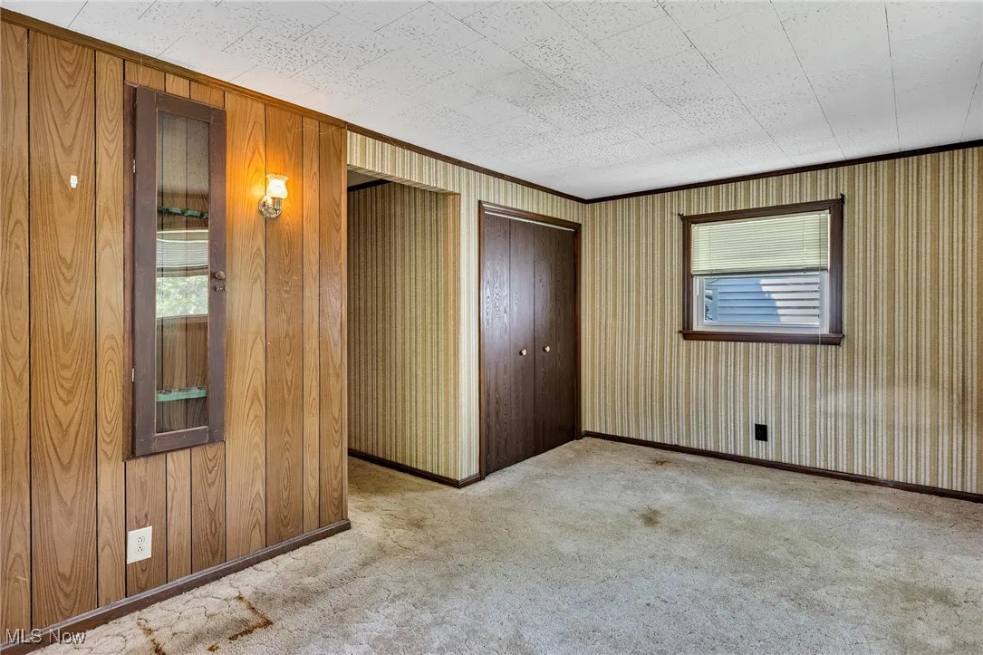 Unfurnished bedroom with carpet, wooden walls, and a closet