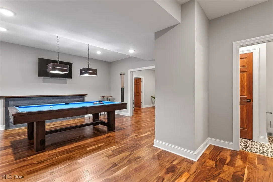 Game room featuring pool table, wood finished floors, and recessed lighting