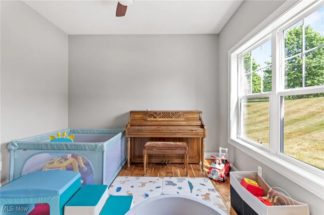 Playroom featuring plenty of natural light, wood finished floors, and ceiling fan