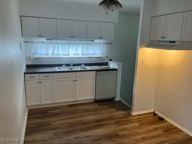 Kitchen featuring dark wood-style flooring, dark countertops, white cabinets, white dishwasher, and decorative backsplash