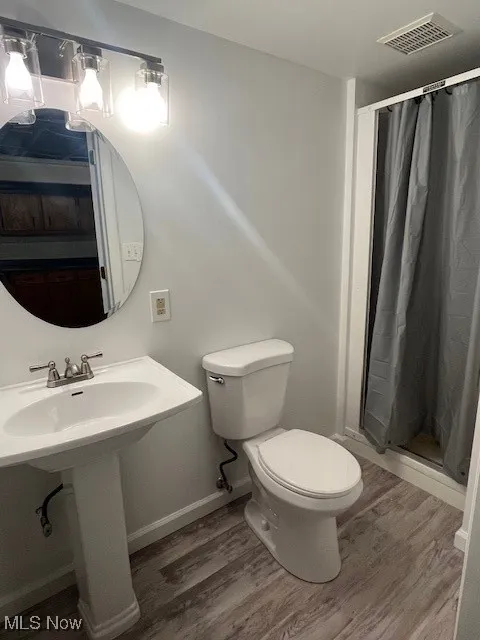 Bathroom with wood finished floors and a shower stall