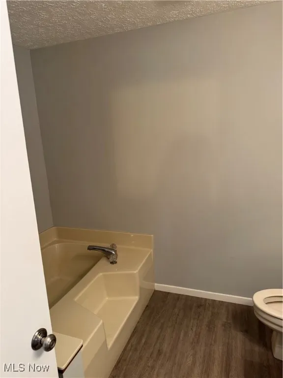 Bathroom featuring wood finished floors and a textured ceiling