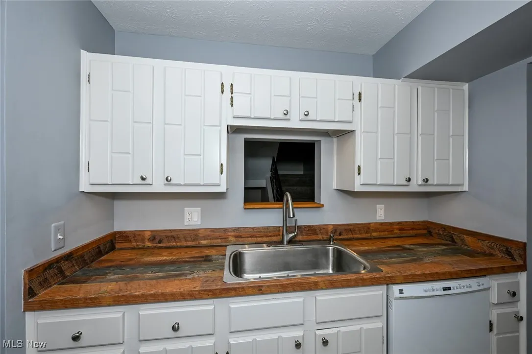 Kitchen featuring white dishwasher, white cabinetry, and wood counters