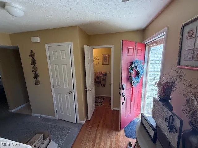 Foyer entrance with light wood-style floors and a textured ceiling