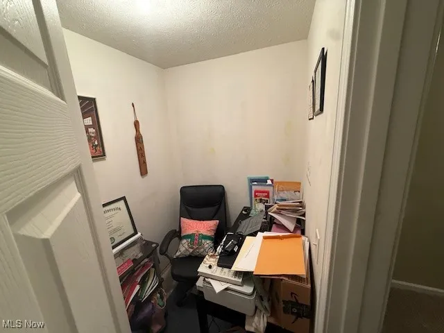 Office space featuring a textured ceiling and carpet flooring