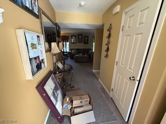 Hallway with carpet floors and a textured ceiling