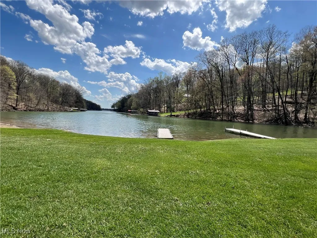 Water view with a heavily wooded area