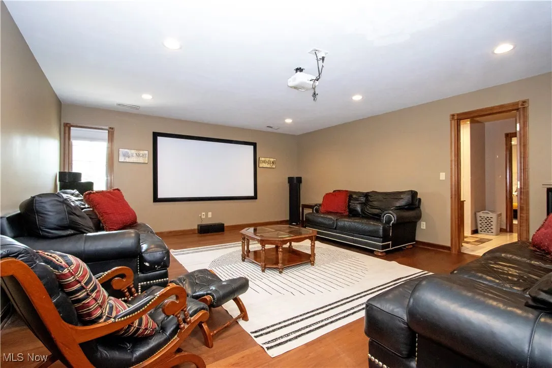 Home theater featuring wood finished floors and recessed lighting