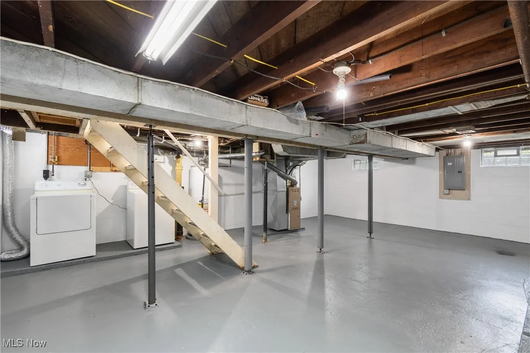 Basement with independent washer and dryer, electric panel, and heating unit