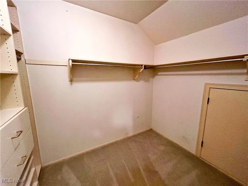Master bedroom walk in closet with carpet floors, shelving, drawer's, and lofted ceiling