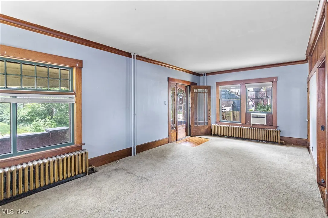 Carpeted spare room featuring crown molding and radiator
