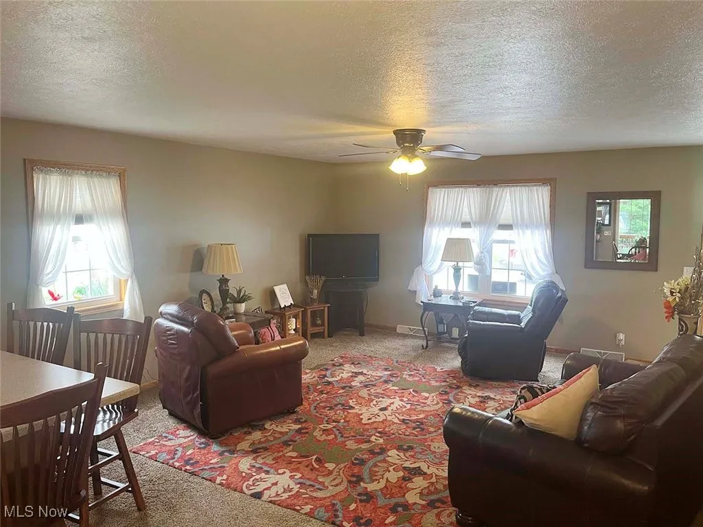 Living area featuring carpet floors, plenty of natural light, a textured ceiling, and a ceiling fan