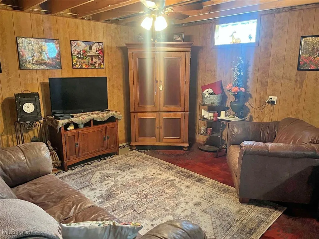 Rec room in lower level with wood walls and ceiling fan