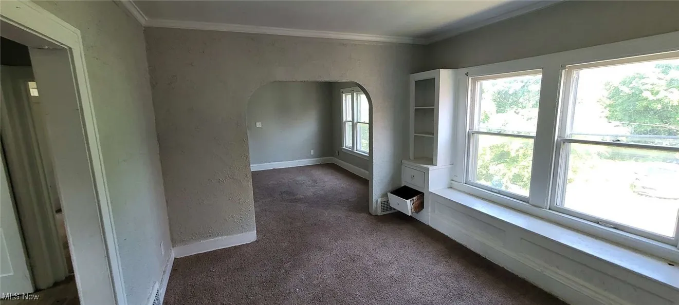 Carpeted empty room featuring crown molding and arched walkways