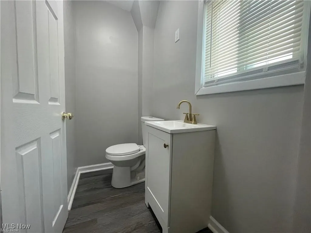 Bathroom with wood finished floors and vanity