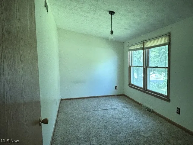 Carpeted spare room with baseboards and a textured ceiling