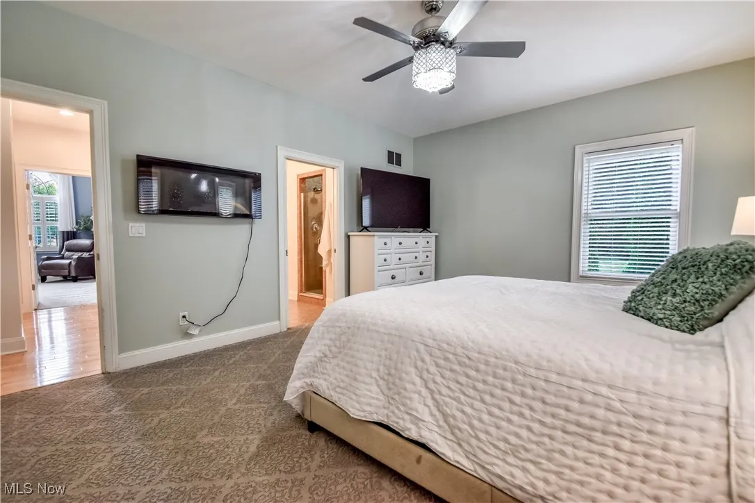 Carpeted bedroom with ceiling fan and connected bathroom