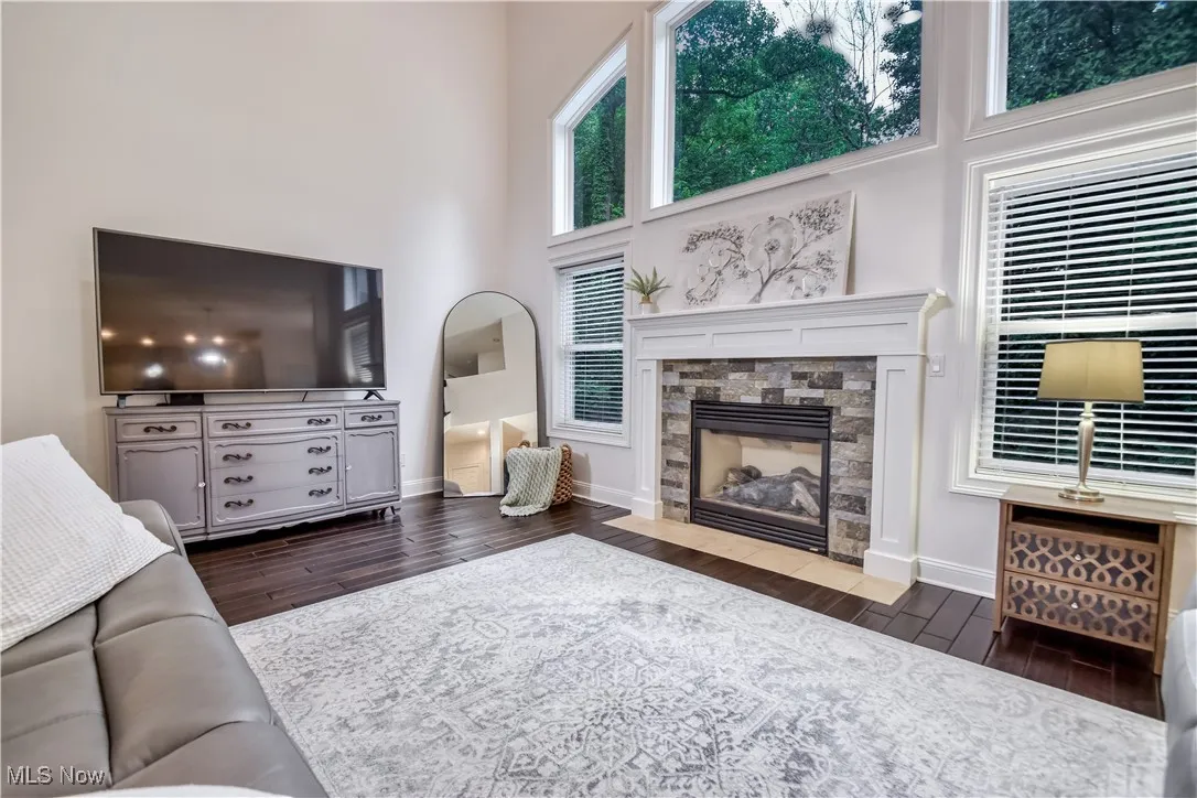 Living room featuring wood finished floors, a towering ceiling, and a fireplace