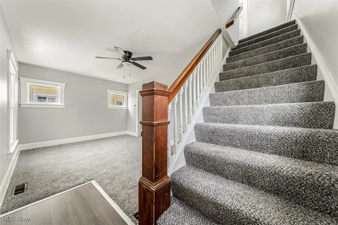 Staircase with wood finished floors, carpet flooring, and ceiling fan
