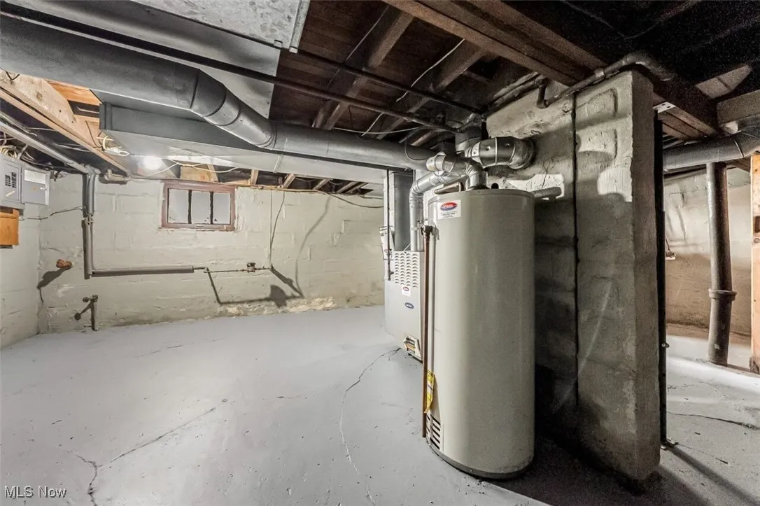 Unfinished basement with gas water heater and electric panel