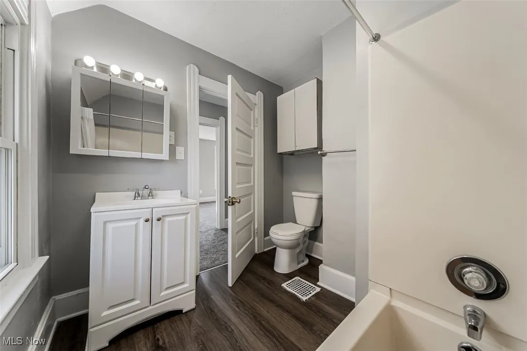 Full bath featuring dark wood-style floors and vanity