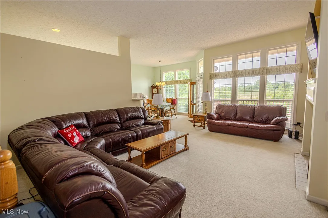 Living area featuring carpet floors and a textured ceiling