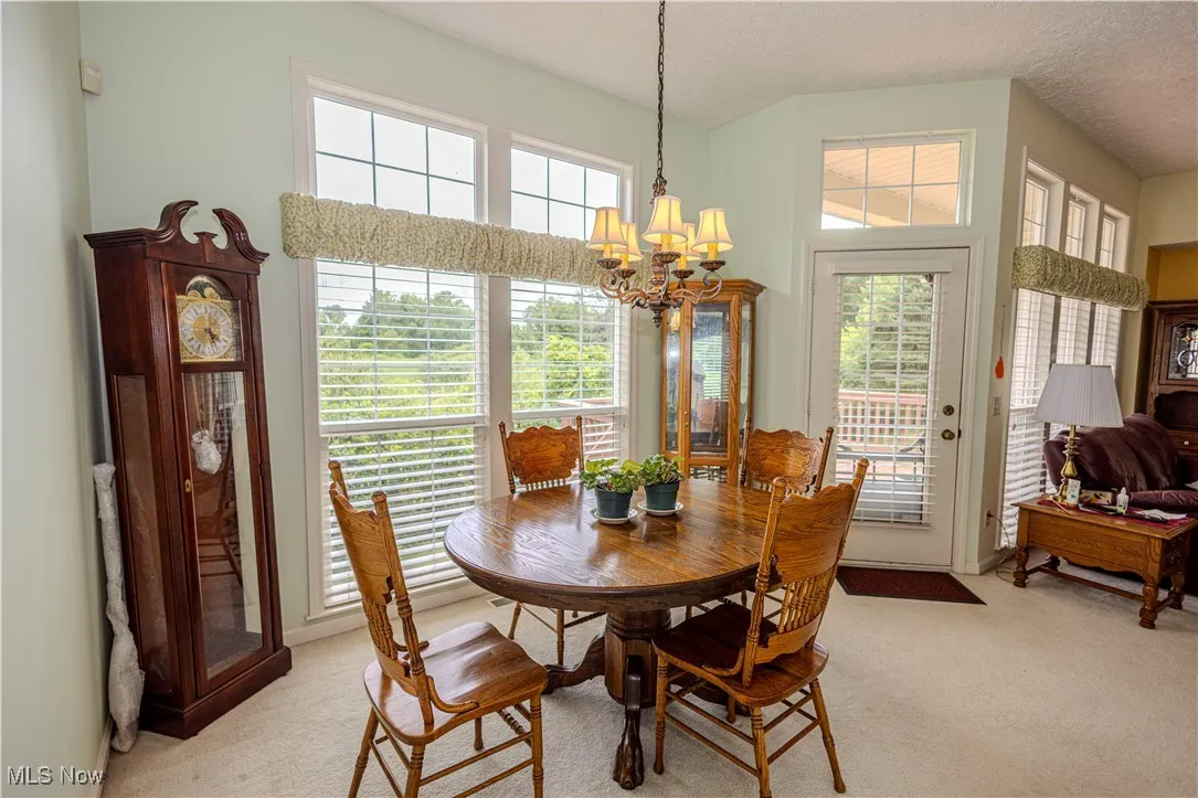 Dining space featuring light carpet, a chandelier, and healthy amount of natural light