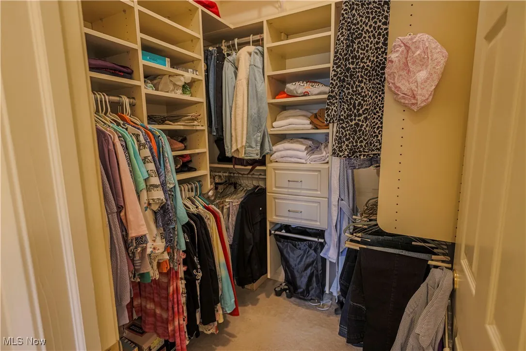 Walk in closet featuring light colored carpet