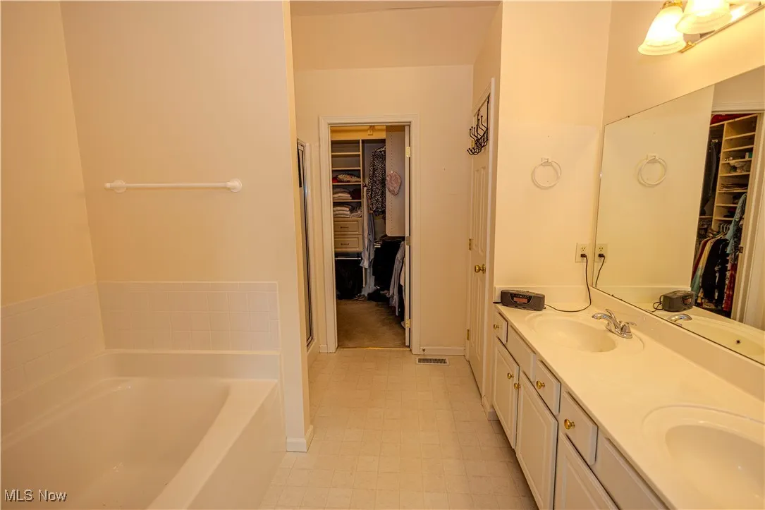 Bathroom featuring a walk in closet, a garden tub, and double vanity