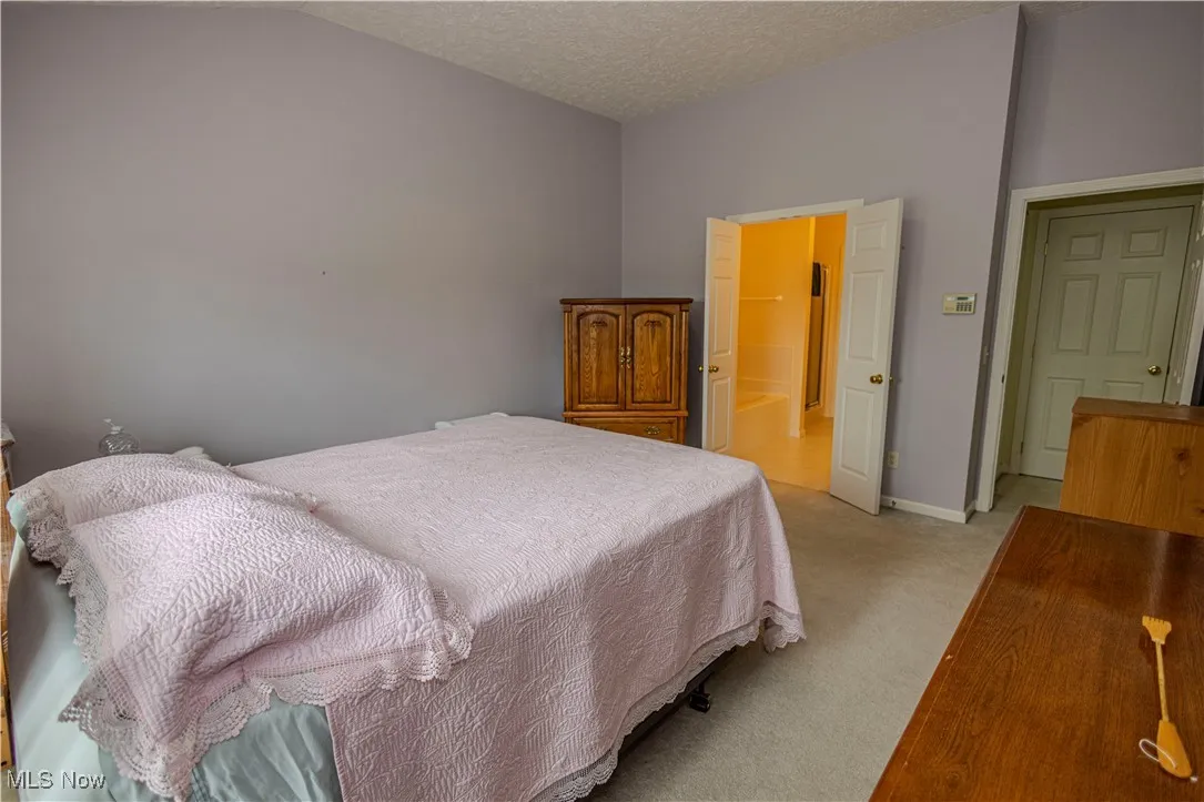 Bedroom featuring lofted ceiling, light carpet, and a textured ceiling