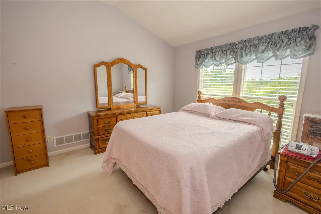 Bedroom featuring lofted ceiling and light colored carpet