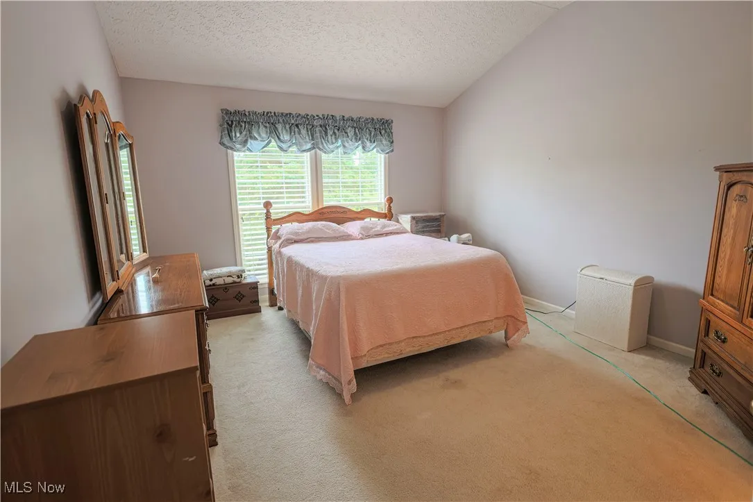 Bedroom with light colored carpet, a textured ceiling, and vaulted ceiling