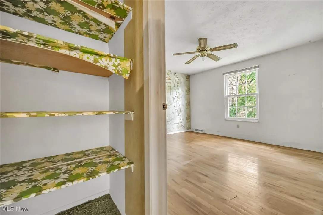 Spare room with wood finished floors and ceiling fan