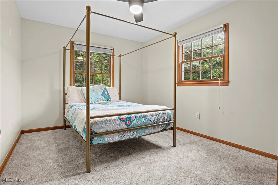 Carpeted bedroom featuring multiple windows and ceiling fan