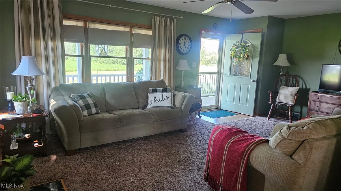 Living room with a ceiling fan and carpet flooring