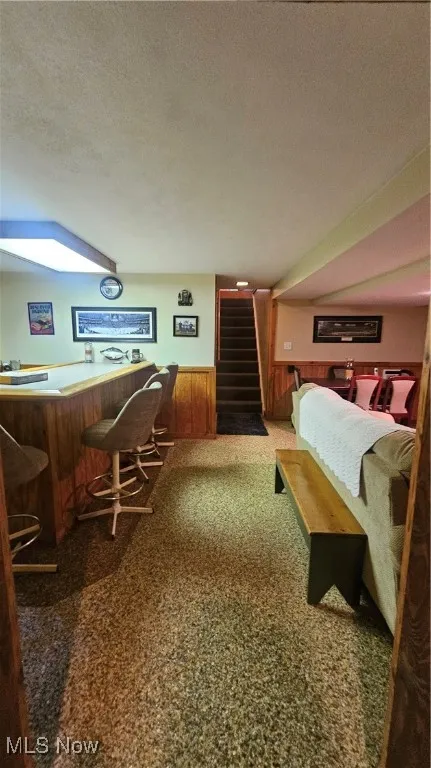Bedroom with a bar and a textured ceiling