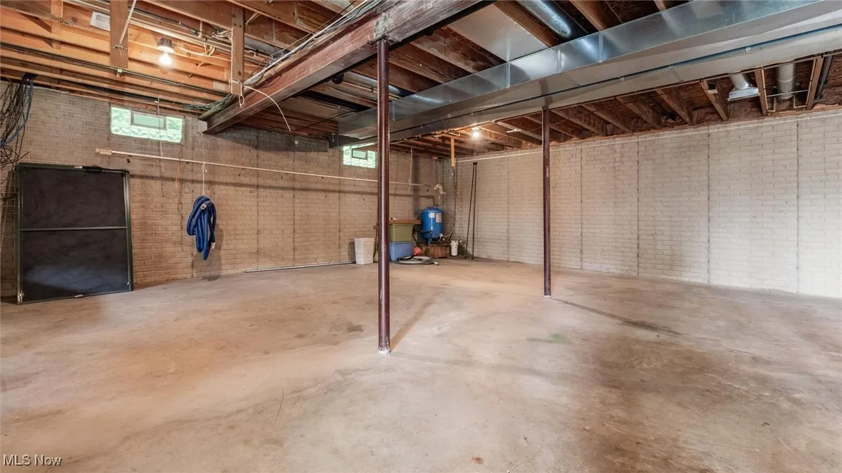Basement featuring brick wall and a water pressure tank