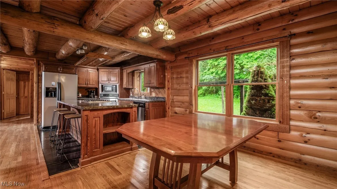 Kitchen featuring a wood ceiling with exposed beams, stainless steel appliances, light wood finished floors, a center island, and rustic walls