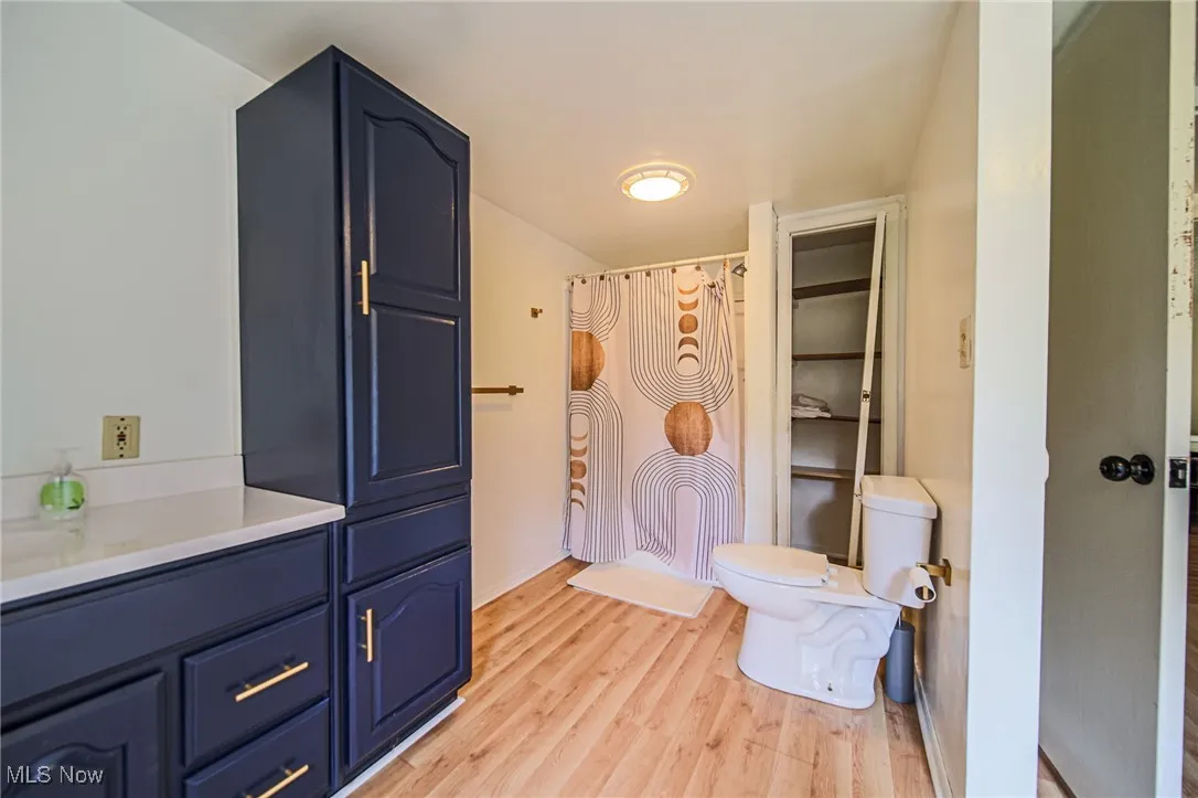 Full bath featuring wood finished floors, vanity, and curtained shower