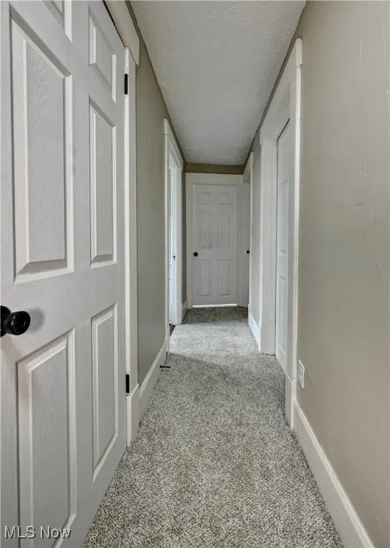 Hall with carpet and a textured ceiling