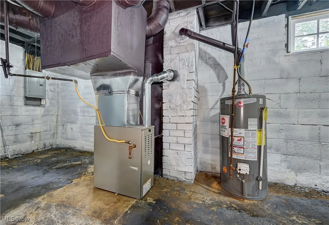 Utilities featuring water heater, electric panel, and heating unit