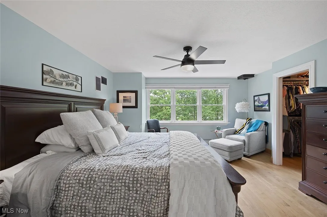 Bedroom with light wood-style floors, a spacious closet, and a ceiling fan