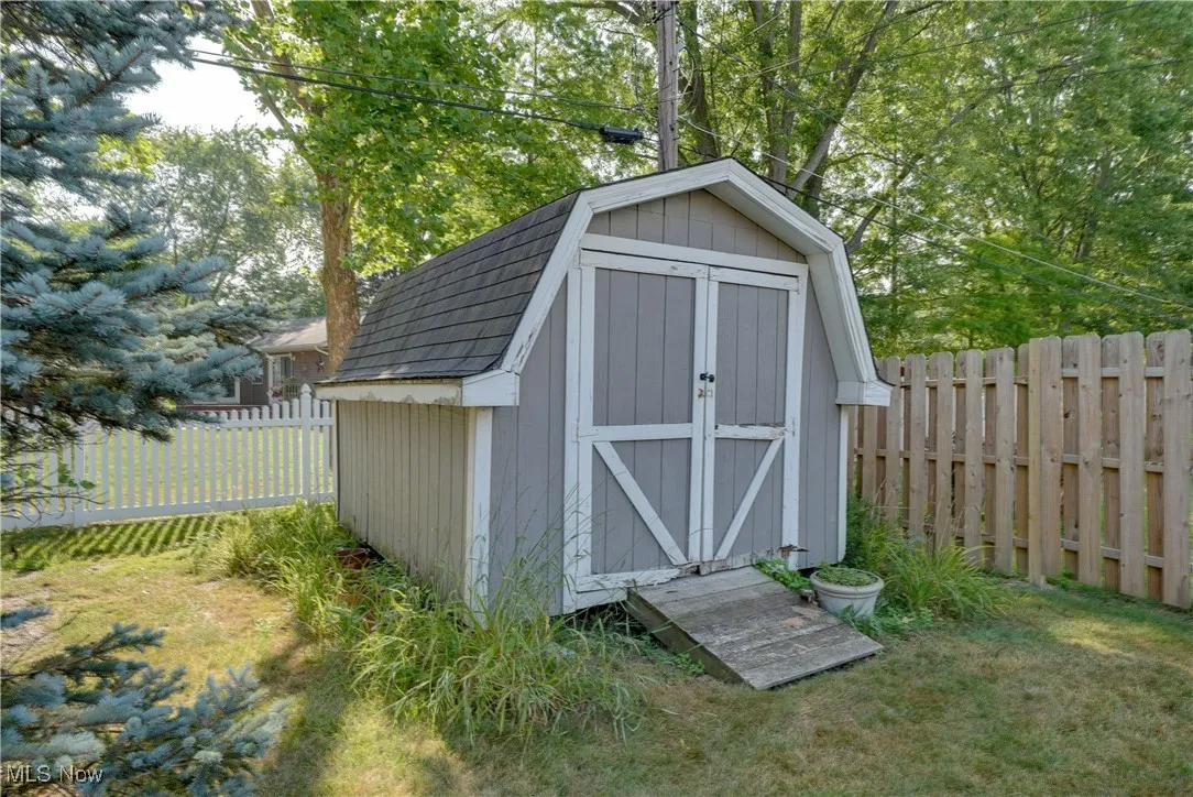 View of shed featuring a fenced backyard