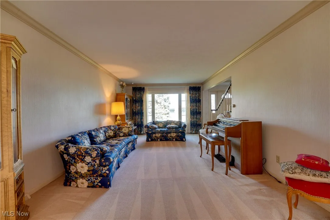 Living area with carpet flooring and crown molding