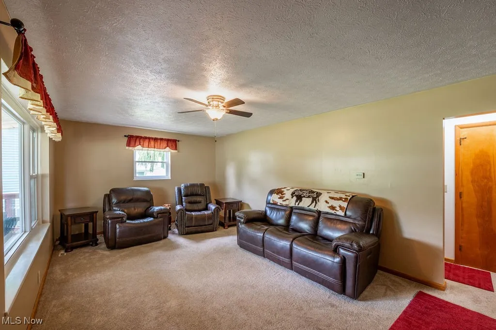 Living room with carpet flooring, ceiling fan, and a textured ceiling