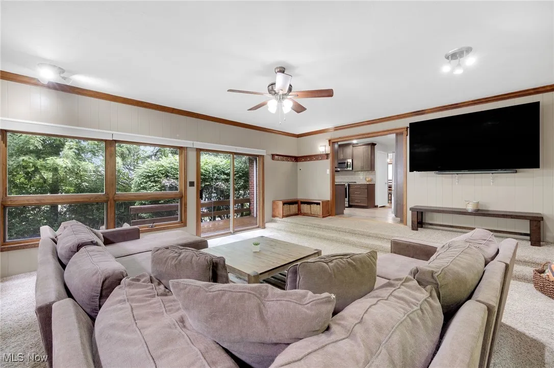 Living room featuring light colored carpet, a ceiling fan, and crown molding