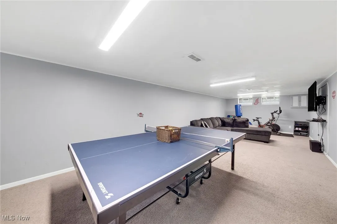 Game room featuring carpet flooring and baseboards