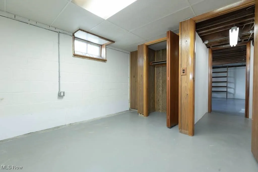 Basement featuring concrete block wall