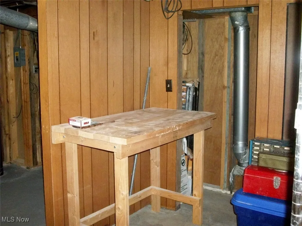 Below grade area featuring wooden walls.